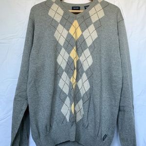 IZOD, Size L, Gray Long Sleeve Checkered V-neck Sweater, 100% Cotton